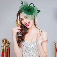 Ibeauti Fascinator Hats With Screentouch Lace Gloves Set Women Tea Party Cocktail Wedding Derby Headwear Short Gloves - 07 Xanh lá cây - Xem 2