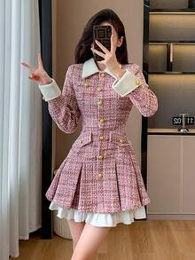 RUIWY 女士秋冬加厚二合一收腰迷人褶皱纽扣中长连衣裙，甜美时尚 - 粉色 - 查看 7