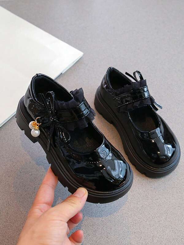 1 Pair Vintage British Style Bow Pearl Fashionable Versatile Flat Shoes For Girls, Suitable For Dresses, Spring/Autumn, Back To School Season