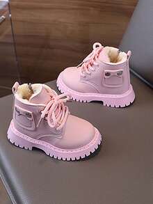 1 Pair Girls' Fashion PU Lace-Up Side Zipper Waterproof Anti-Slip Comfortable Dry Motorcycle Warm Boots, Suitable For Winter