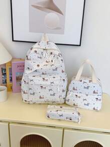 3件套尼龙腊肠犬印花背包，可折叠多口袋大容量拉链背包，适合高中生、大学生日常使用、工作、旅行、情人节礼物、书包、学院风背包带铅笔盒，可爱腊肠犬返校必备背包