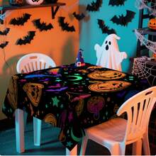 1/20pcs Halloween Tablecloth,Cartoon Pumpkin & Colorful Bats Mushroom Stars Moon Printed Tablecloth,Non-Slip Durable Home Decor,Halloween Festive Party Decor