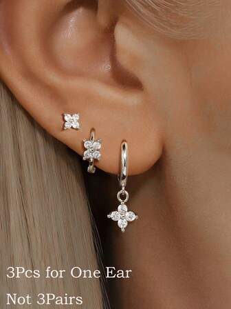 3 st stapelbara örhängen, fina små örhängen, set för flera piercingsmycken, söta CZ-blommor, stiftörhängen, silverfärgade, lätta hypoallergena broskörhängen, smycken för kvinnor och flickor