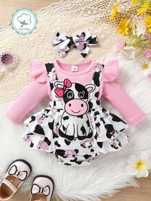 两件套休闲优雅甜美可爱女宝宝秋季套装，柔软舒适，3D奶牛贴花层叠波点印花荷叶边连体衣和发带 - 彩色 - 查看 3
