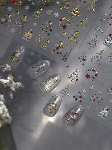 1 pieza Pegatinas de arte de uñas 5D Navidad, pegatinas de arte de uñas 5D con relieve, pegatinas de uñas brillantes doradas con árbol de Navidad, renos, corona y copos de nieve para mujeres y niñas, suministros de manicura DIY para vacaciones de invierno