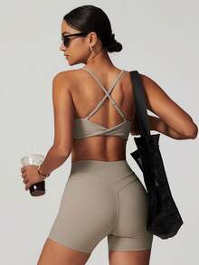 MASKERT Bộ đồ thể thao nữ, bộ áo ba lỗ, bộ tập thể dục, đồ tập yoga, bộ đồ thể thao chạy bộ bó sát, bộ đồ có độ co giãn cao, thoải mái và thân thiện với da, phù hợp cho ở nhà và giải trí. - Màu Khaki - Xem 3