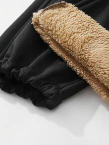 Pantalones de chándal con forro térmico para hombres de talla grande, pantalones rectos con cordón y bordado de sherpa, adecuados para invierno y otoño - Negro - Ver 6
