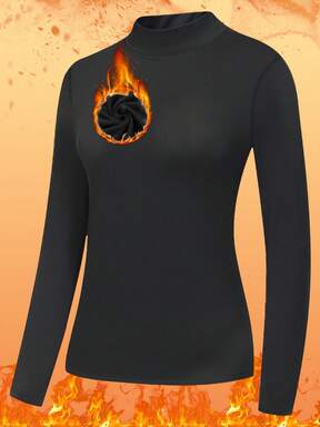 1 pezzo - Maglia termica a collo alto nera da donna | Foderata in termico, calda e confortevole | Strato base aderente per autunno/inverno, per rilassarsi in casa e per stratificazioni all'aperto