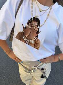 1 件女童休闲字母印花圆领短袖 T 恤，夏季学生年轻休闲装 - 简约英文字母风格 T 恤激发想象力和自我表达 - 白色 - 查看 4