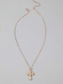 Vintage Gothic Style Rhinestone Cross Necklace, Minimalist Chic Cubic Zirconia Cross Design Unisex Choker Necklace - Yellow Gold - View 3