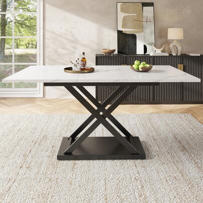 Extendable Dining Table 120 To 160 Cm, White Marble Pattern Top With Black Crossed Iron Legs, Space-Saving Kitchen And Living Room Table