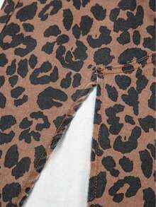 Leopard Print Frayed Side Slit Denim Midi Skirt - 棕色 - 查看 9