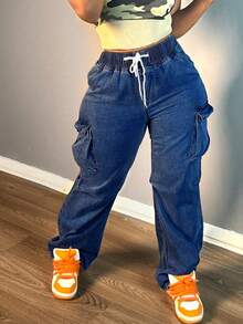 Jeans rectos para mujer: con cordón y múltiples bolsillos, adecuados para todo tipo de ocasiones diarias - Azul lavado oscuro - Ver 6