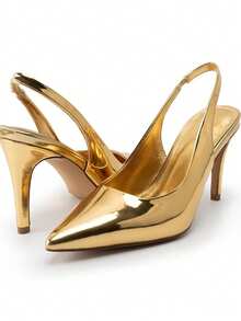 Women's Open-Back High Heels, Pointed Toe, Thin Heel, Closed-Toe High Heels, Slip-On, 7.5 Cm Heel Evening High Heels - 金色 - 查看 5