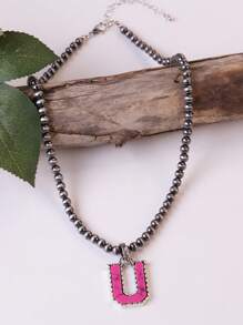 1pc Western Country Style Vintage Textured CCB Multicolor Leopard Print Black & White Plaid 26 Letter Minimalist Pendant Necklace, Sweater Chain