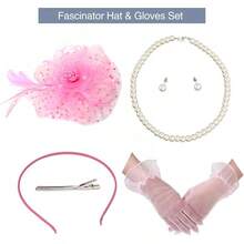 Ibeauti Fascinator Hats With Screentouch Lace Gloves Set Women Tea Party Cocktail Wedding Derby Headwear Short Gloves - 02 粉紅色 - 查看 5