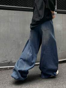 1 pieza Jeans rectos con diseño de parches y lavado vintage desgastado de ajuste holgado para hombre (Cinturón y accesorios no incluidos) - Neblina azul - Ver 8