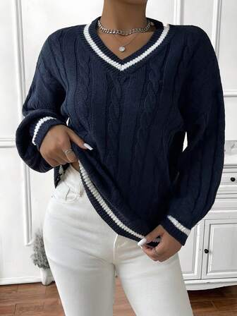 1pc Teen Girl Elegant Fashion Daily Commute School Casual Comfortable Retro Colorblock V-Neck Pullover Sweater, Spring Autumn Winter