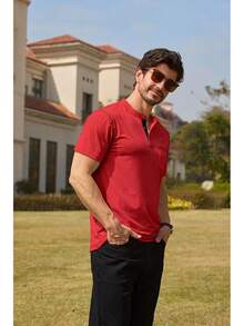 Henley Shirts Slim Fit Button T-Shirthalloween - 紅色 - 查看 8