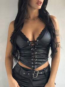Apperloth A Sexy PU Leather Boned Corset Black Crop Tops V-Neck Grommet Eyelet Lace Up Front Curved Hem Backless Overbust Shapewear Wide Strap Cami Tank Top For Women Halloween Costumes Rave Festival Outfits - màu đen - Xem 1