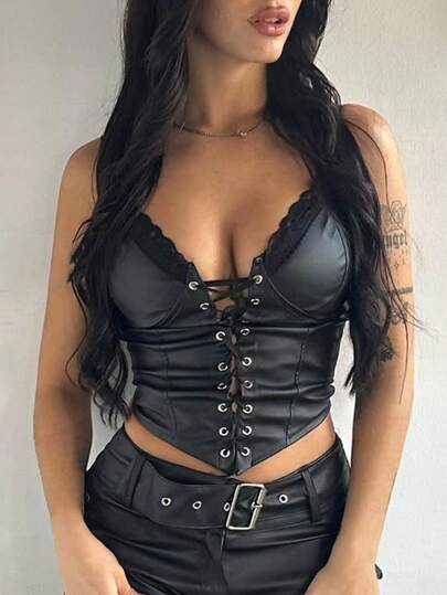 Apperloth A Sexy PU Leather Crop Top, V-Neck Lace-Up Front, Curved Hem, Backless, Adjustable Spaghetti Straps, Suitable For Women's Valentine's Day Outfit, Clubwear