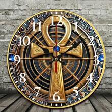 Egyptian Theme Silent Quartz Wall Clock With Ankh Symbol And Hieroglyphics - Gold And Black Metal Design, Large Easy-To-Read White Hands, 2D Flat Round Clock, Suitable For Home Decoration, Birthday/Christmas/Halloween Gift, Egyptian Decorative Clock, Wooden Frame With Silent Quartz Movement, Gold Dial With Black Numbers, Ideal Wall Decoration, Fashionable And Practical Home Accessory, Fashionable Wall Clock, Extra Large Wall Clock, 2D Flat Design - 10x10in - View 3