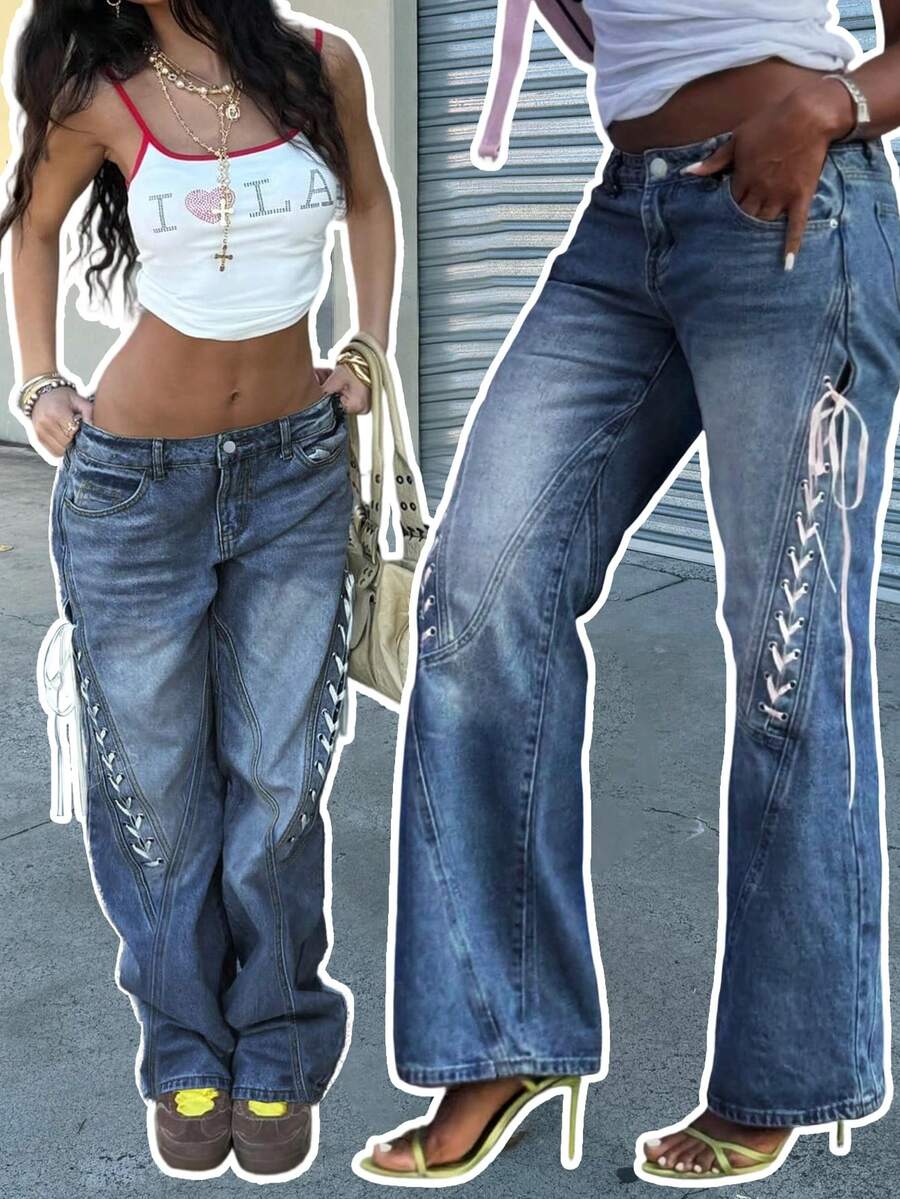 Women's Washed Denim Straight Leg Jeans With Tie Detail, Autumn - Medium Wash - View 1