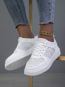 秋冬女士休闲鞋、时尚运动鞋、街头风格小白鞋、轻便滑板鞋 - 白色 - 查看 5