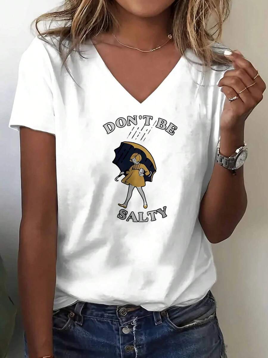 Daily V-Neck T-Shirt With Standard Size DON'T BE SALTY Design Suitable For Daily Life, Going Out, Leisure, And The Best Choice To Give To Friends And Family - White - View 1