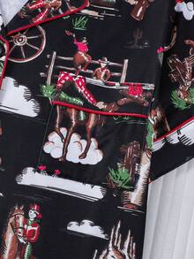 Bộ đồ ngủ 2 món họa tiết xe ngựa cao bồi miền Tây cho nữ, quần đùi hoạt hình, cạp chun, cổ bẻ, thoải mái cho mọi mùa - màu đen - Xem 6