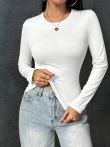 Women's High Stretch Solid Slim Fit&Regular Length Round Neck Long Sleeve T-Shirt&Tee,Minimalist,Suitable For Spring/Autumn&Fall/Winter,For Night Out/Holiday/Daily/Office/Home/Street/Travel/Airport/Brunch,Casual/Simple/Y2K/Elegant/Sexy/Street/Cute/Hot Girl,Fall Women Clothes,Winter Women Clothes,Halloween Clothes Women,Christmas Clothes,Teacher Outfits For Women, Going Out Tops Women,Date Night Outfits Women,Basic Tops,Korean Style