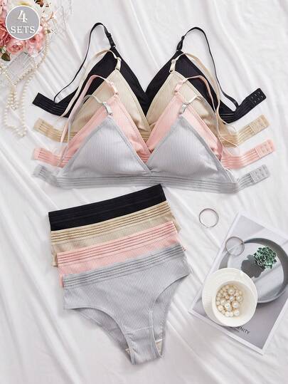 4 Conjuntos de Sujetador Deportivo Inalámbrico y Pantie Minimalista de unicolor Acanalado y Transpirable para Mujer