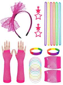 D EXCEED 4/5 pièces Ensemble d'accessoires rétro néon des années 80 pour femmes, collier de perles à tenue rétro, serre-tête à nœud en dentelle, gants résille, lunettes de soleil à stores vénitiens, boucles d'oreilles éclair, essentiels pour fête rétro Halloween