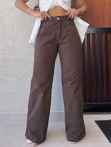 Pants/Wide Leg/Jeans/High Waist Women's Jeans Without Lycra - Màu nâu Sô-cô-la - Xem 1