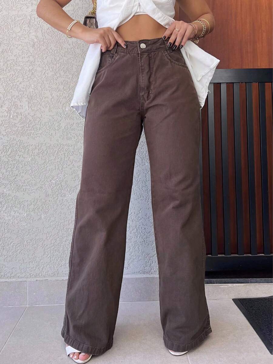 Pants/Wide Leg/Jeans/High Waist Women's Jeans Without Lycra - Màu nâu Sô-cô-la - Xem 1