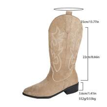 Women's Western Boots, Faux Suede Classic Embroidered Wide Calf Boots, Slip-On Pointed Toe Chunky Heel Fashionable Retro Mid-Calf Boots, Suitable For Girls And Women In Autumn/Winter,Cowboy Boots - Khaki - View 9