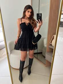 Short Chiffon Ruffle Dress Holiday Beach Wedding Party Birthday Party Garden Travel Summer - Black - View 3