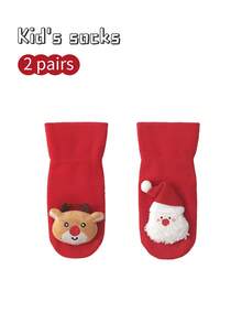2 Pairs Kids Christmas Socks, Cartoon Anti-Slip Indoor Socks, Warm Toddler Socks, New Year Red Socks