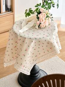 1pc Cartoon Cherry Print Tablecloth, Vintage American Country Style Lace Edge, Multipurpose Cover For Dining Table, Kitchen, Coffee Table, Microwave, Cabinet, Daily Use, Holiday Party, Photography Background, All Season - Multicolor - View 3