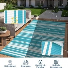 Meiyiu Alfombra exterior impermeable de 8x10/9*12/9*18, alfombra de patio de plástico trenzado para camping, alfombra de interior y exterior para caravana, terraza, porche, balcón, patio trasero, picnic - Azul claro - 9*12 pies - Ver 2