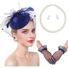 Ibeauti Fascinator Hats With Screentouch Lace Gloves Set Women Tea Party Cocktail Wedding Derby Headwear Short Gloves - 01 海軍藍手套 - 查看 1