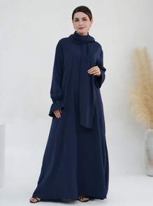 1 件柔软穆斯林连衣裙，配有头巾，花袖设计，经典百搭长袍 - 彩色 - 查看 8