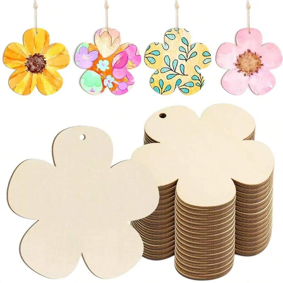 12/24 pièces Décoration florale en bois peinte à la main - Découpes de papier décoratif coloré de printemps avec corde de jute, convient pour accrocher, décoration florale, découpes florales en bois, fleurs