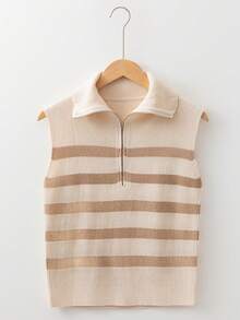 Acelitt Chaleco de punto sin mangas casual con cuello a contraste y media cremallera, primavera/otoño - Multicolor - Ver 5