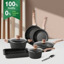 RIOVARM Induction Pots And Pans Set With Lids Nonstick Cookware Set With Granite Coating PFOA-Free Pans With Wood Grain Handle Frying Pan Saucepan Casserole Omelete Pan