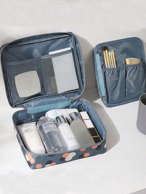 1pc Large Capacity Polyester Travel Storage Bag With Compartments, Portable Toiletry Organizer Bag