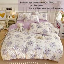 4 件套床上用品套装，紫色薰衣草印花羽绒被套，柔软透气的涤纶床上用品套装，清新农舍风格花卉和叶子图案，适合所有季节，家居装饰，包括 1 个羽绒被套（无填充物）、1 张床单、2 个枕套（无填充物） - 薰衣草 - 查看 2