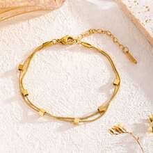 2 Piece Set High Quality Women's Simple Gold Three-Dimensional Small Square Double-Layer Snake Bone Bracelet 18K Stainless Steel Not Fade Fashion - 金色 - 查看 4
