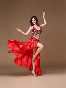 Women's Belly Dance Practice Set Sequined Sleeveless Top + Sexy Slit Long Skirt + Waist Chain 3 Pieces Set Adult Oriental Dance Performance Costume - Multicolor - View 8