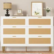 Huisuilinss Rattan Dresser For Bedroom With 6 Drawers,Wide Modern Chest Of Drawers With Metal Handle,Wooden Dresser TV Stand,Wood Closet Clothes Storage Organizer For Living Room,Hallway - 白色 - 查看 3